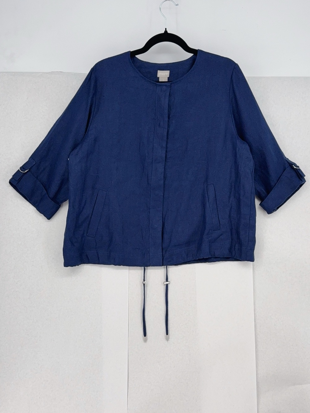 Chicos short linen utility jacket 3/4 slv jacket kings navy NWT SIZE 2 - Picture 2 of 8
